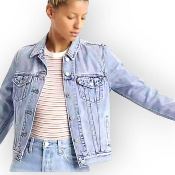 Levis Original‎ Denim Light-Wash Slim Fit Trucker Button Jacket Faded Distressed - Picture 1 of 15